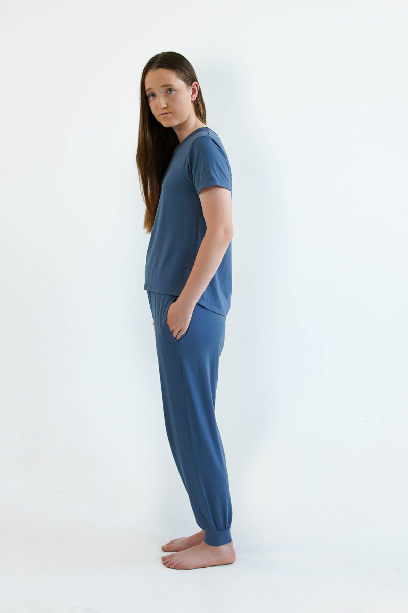 blue teen girls pyjamas long pants short sleeve top by bLove Haidee Australia side view