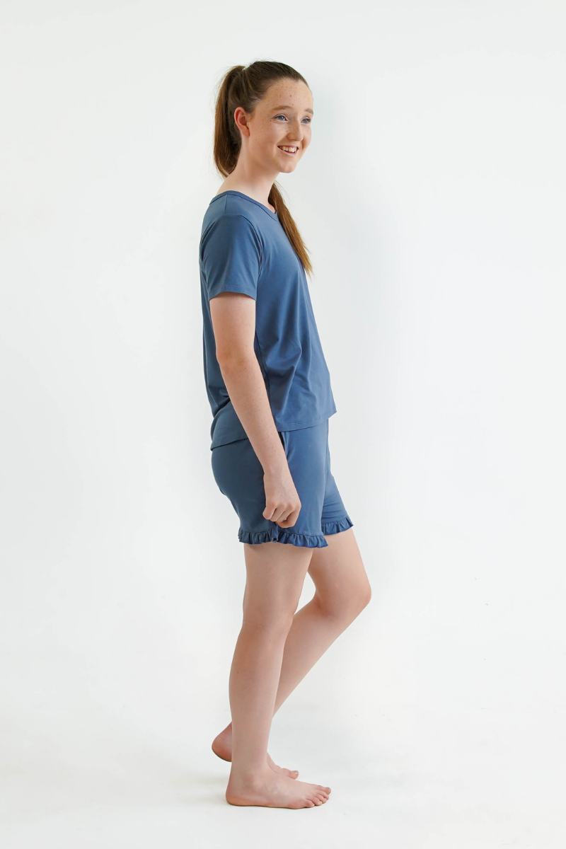 blue teen girls summer pyjamas set shorts and short sleeve top by Love Haidee Australia side view Ella