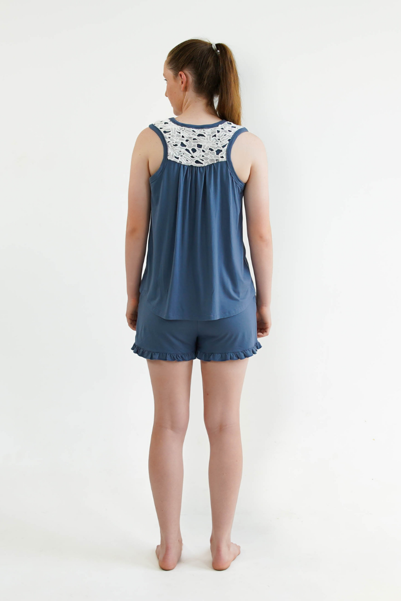 blue teen girls summer pyjamas set shorts and lace singlet by Love Haidee Australia side view Ella