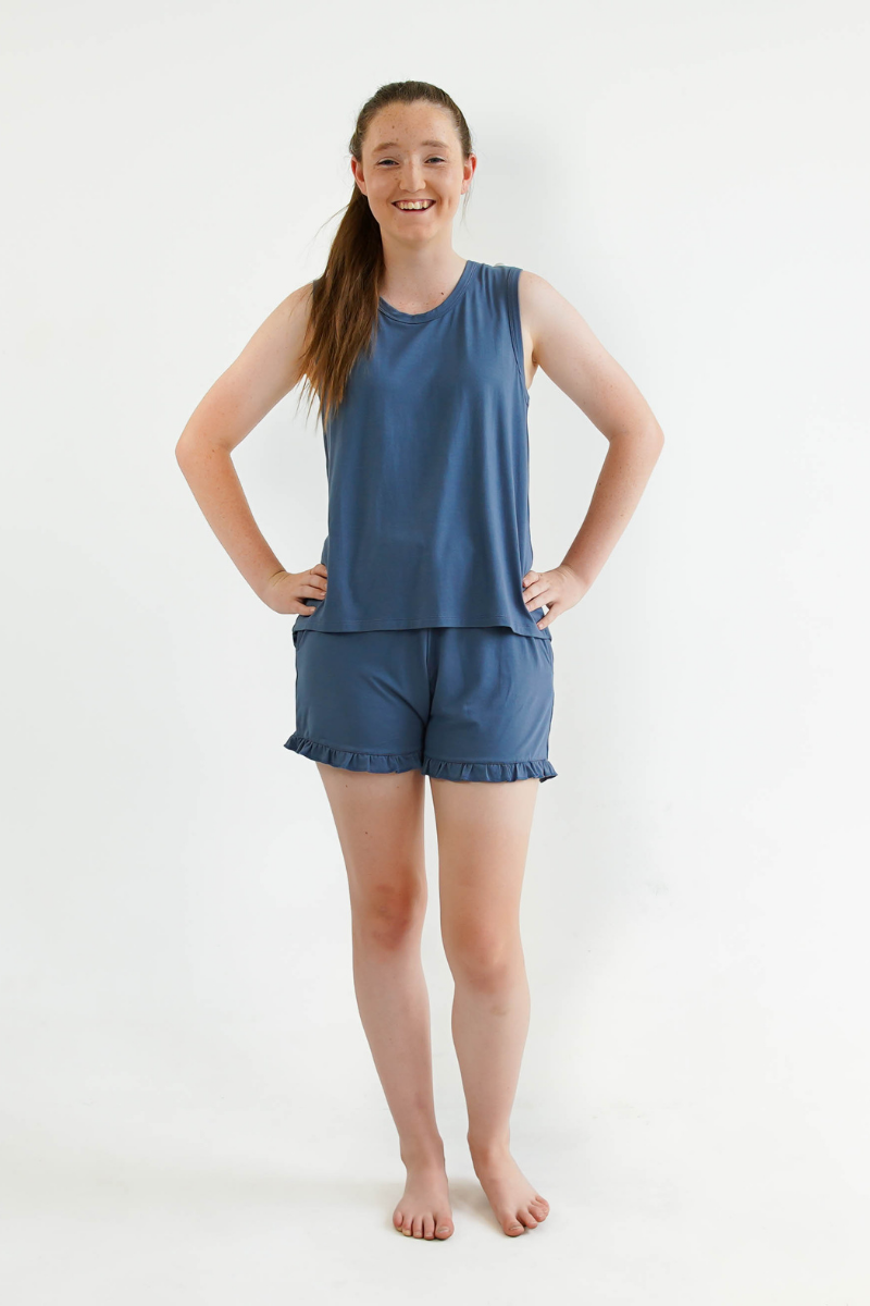 blue teen girls summer pyjamas set shorts and lace singlet by Love Haidee Australia front view Ella