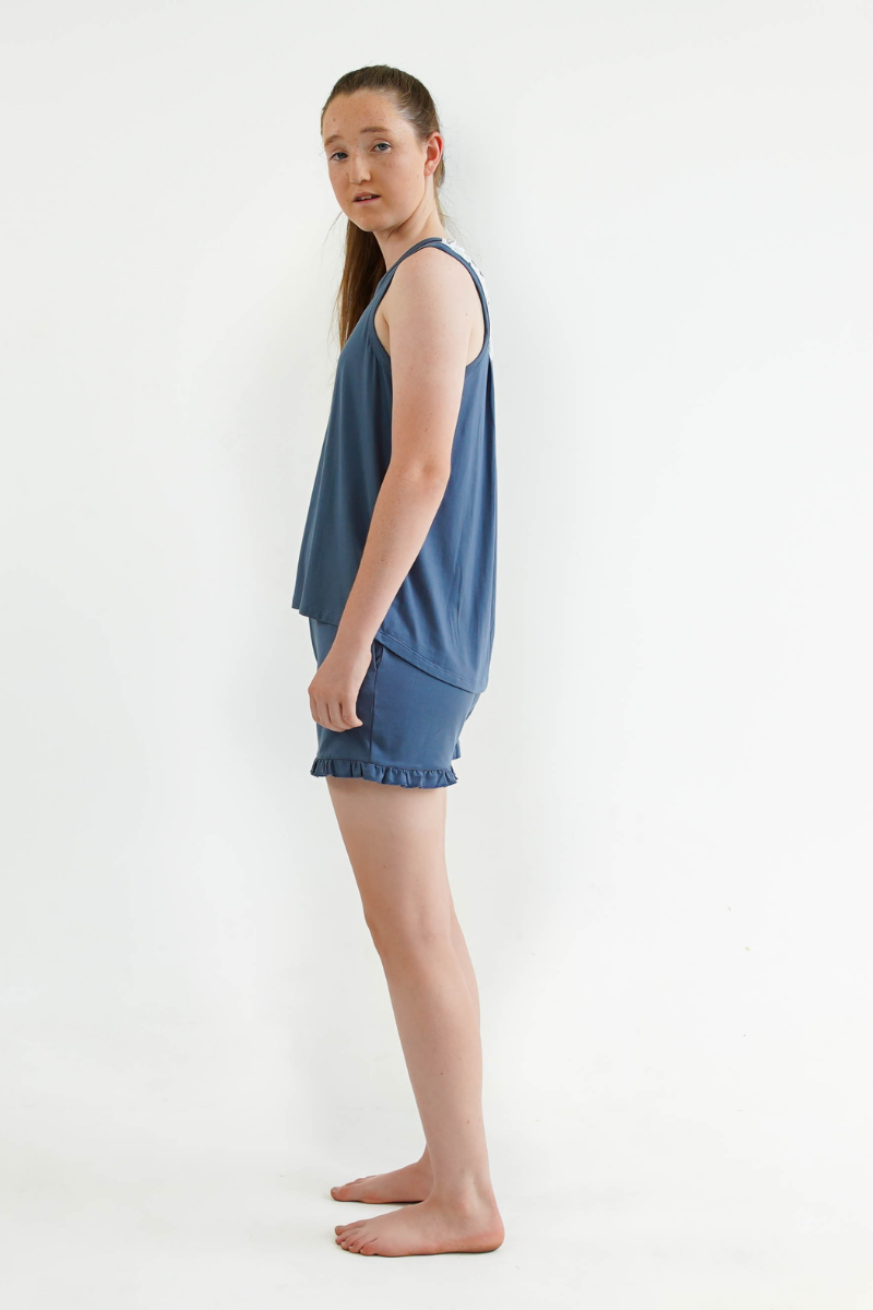 blue teen girls summer pyjamas set shorts and lace singlet by Love Haidee Australia side view Ella