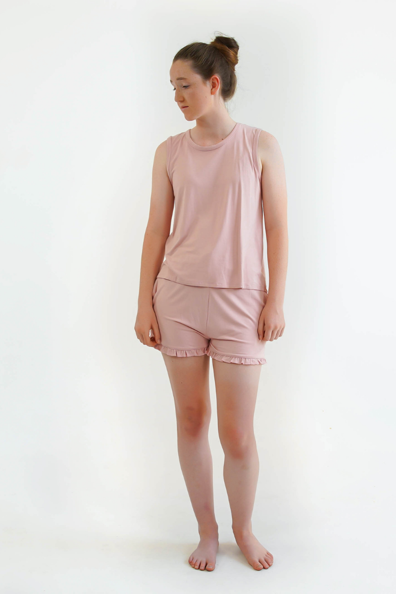 pink teen girls summer pyjamas set shorts and singlet by Love Haidee Australia front view Ella 