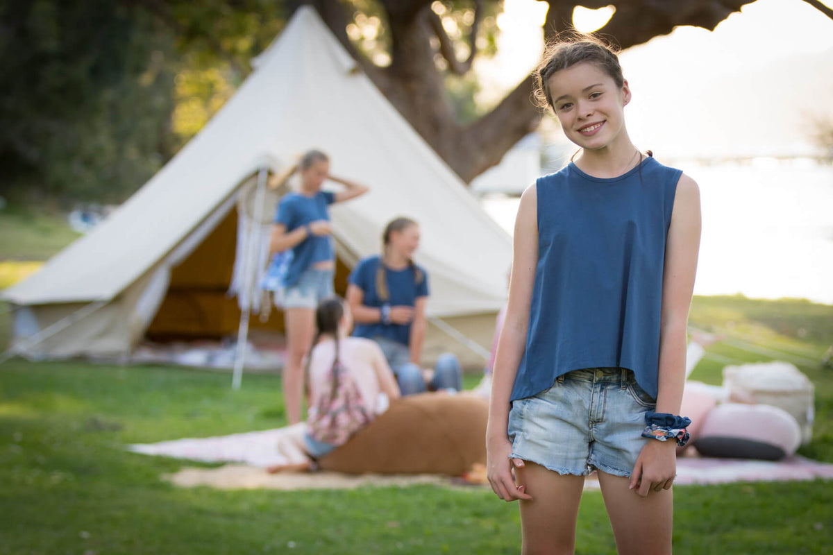 blue teen girls clothing sleeveless singlet top palm tree print by Love Haidee Australia Paige
