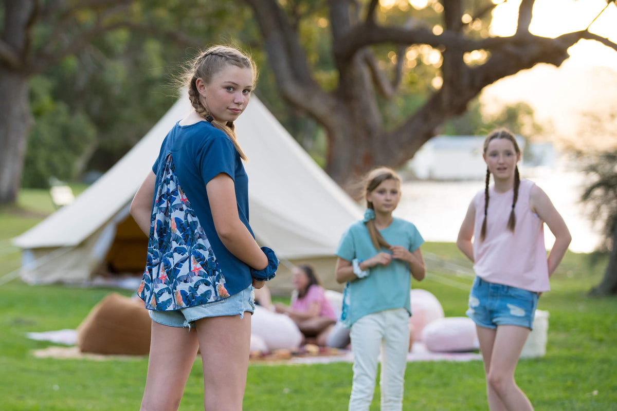 blue teen girls clothing short sleeve t-shirt top banana leaf palm print by Love Haidee Australia Olivia lifestyle