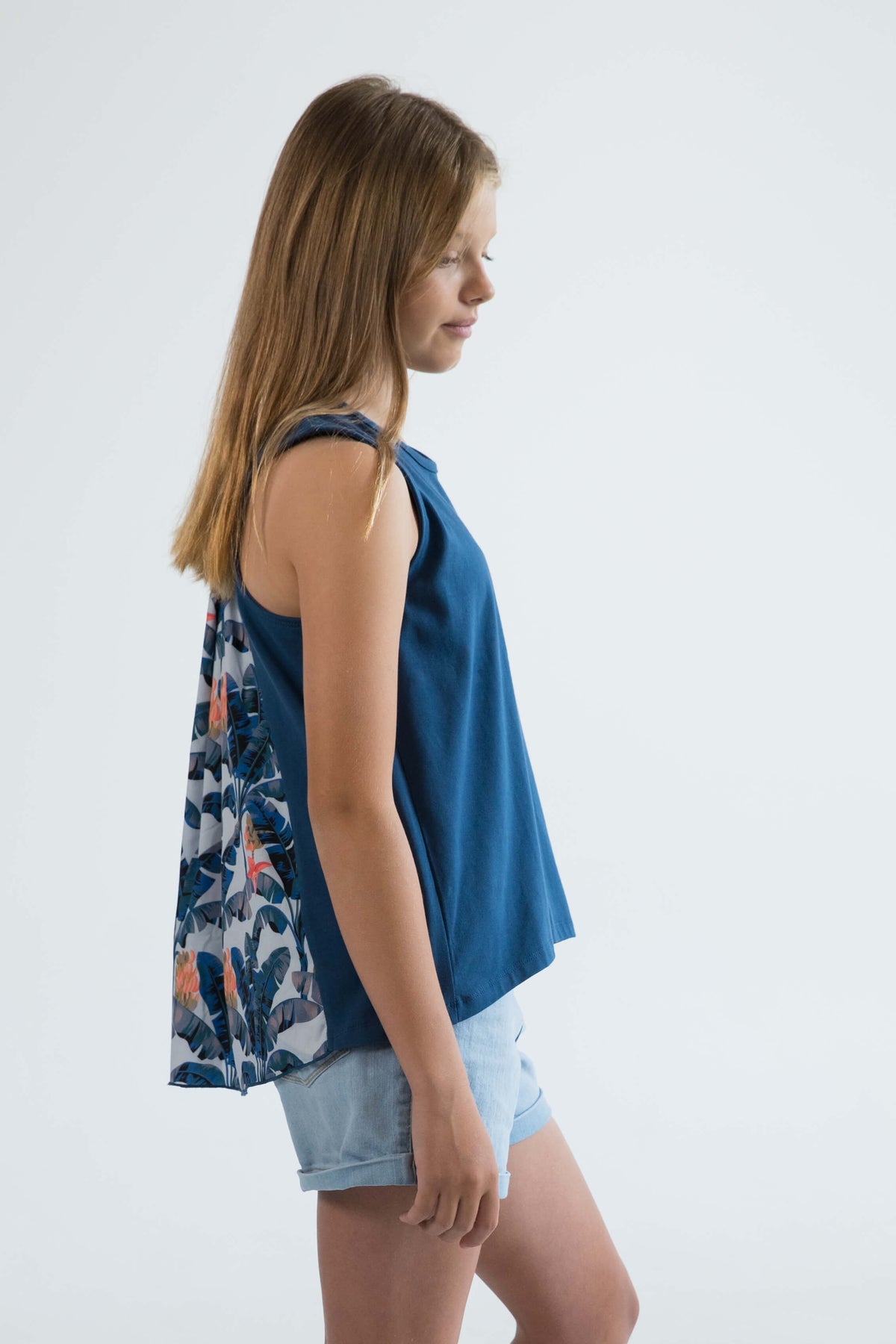 blue teen girls clothing sleeveless singlet top palm tree print by Love Haidee Australia side