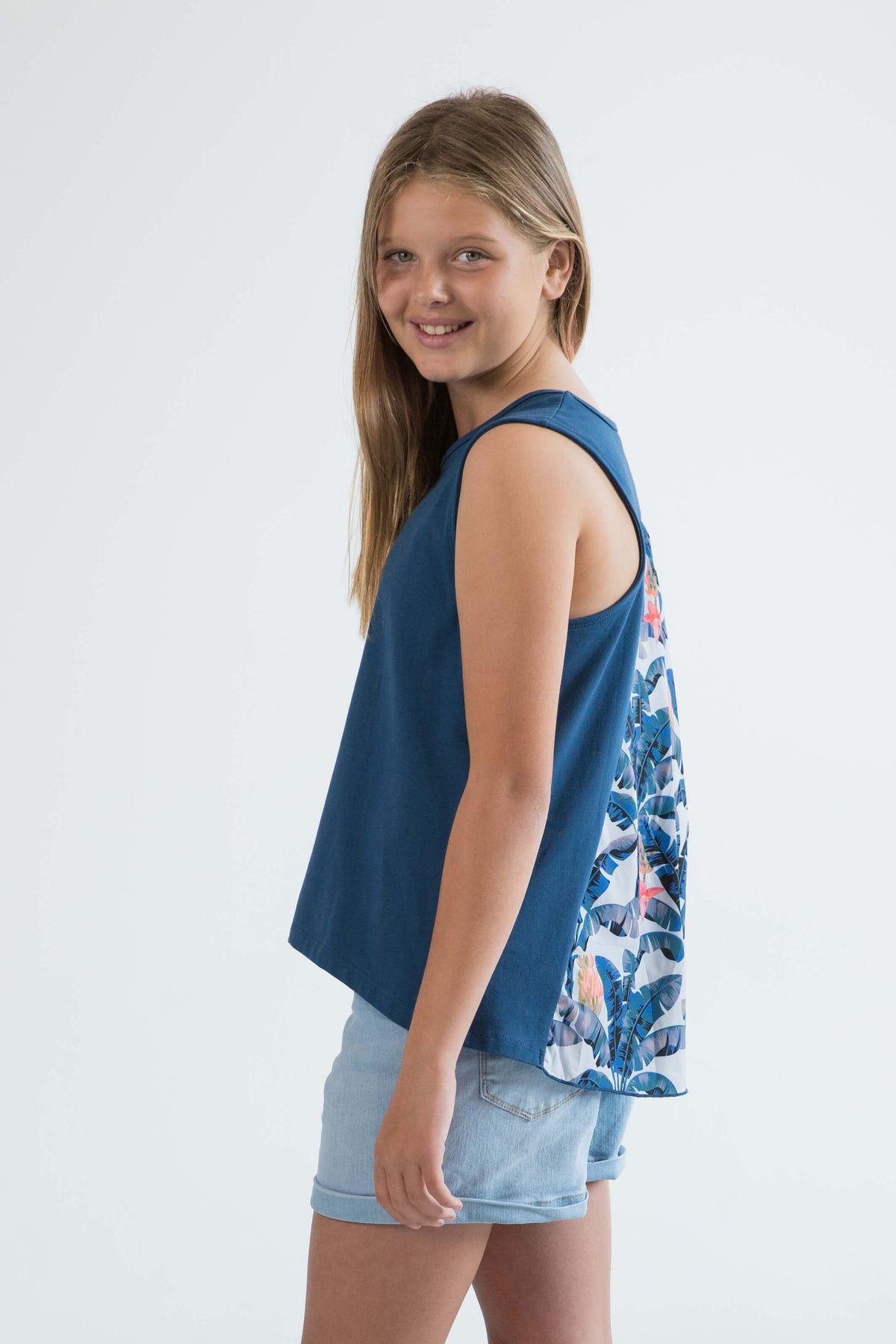 blue teen girls clothing sleeveless singlet top palm tree print by Love Haidee Australia side view
