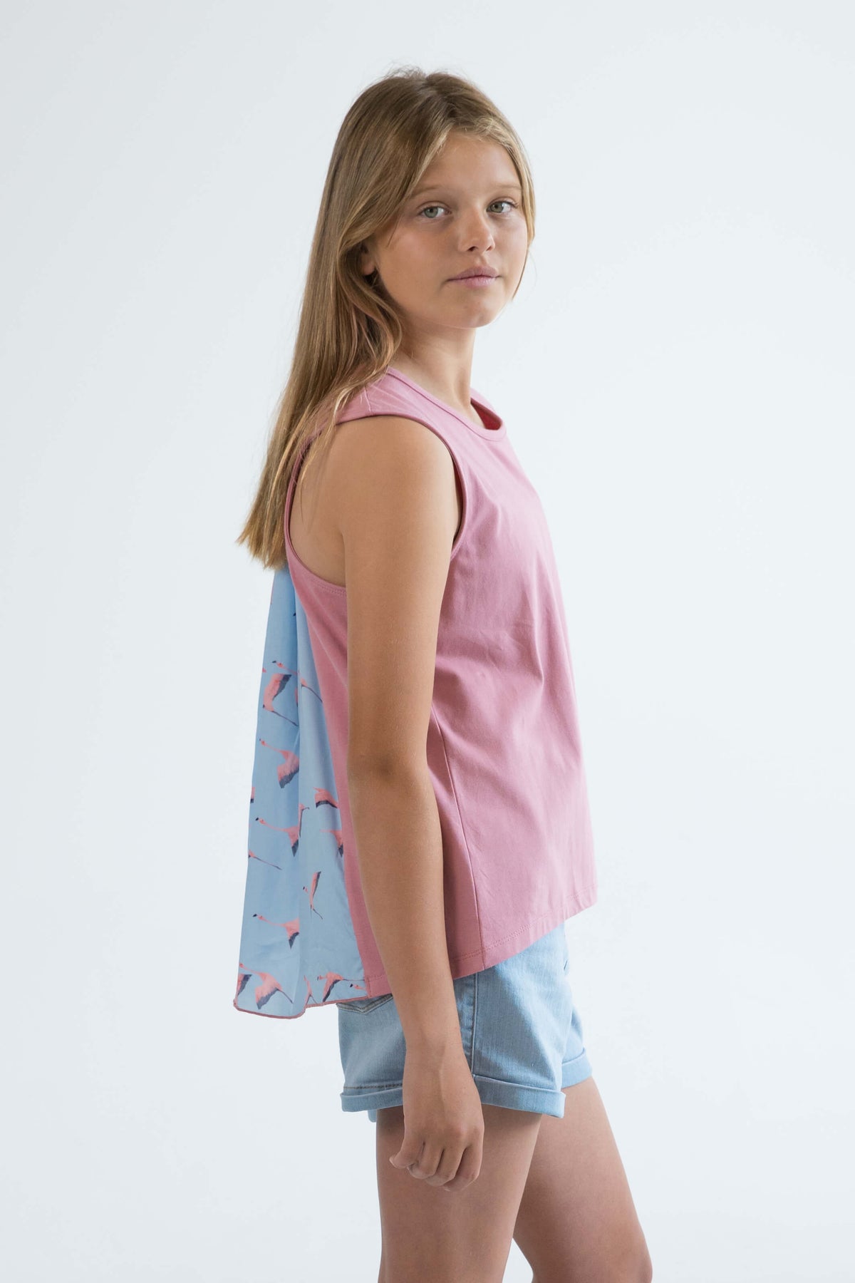 pink teen girls clothing sleeveless singlet top flamingo print by Love Haidee Australia racer side