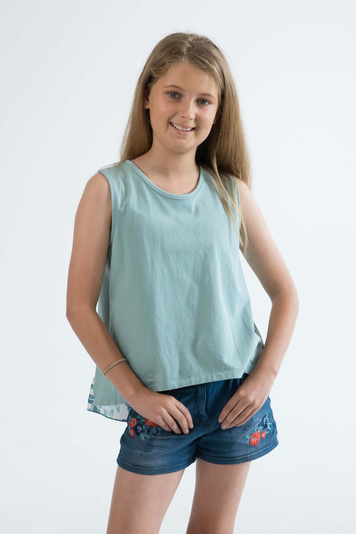 mint green teen girls clothing sleeveless singlet top floral print by Love Haidee Australia front