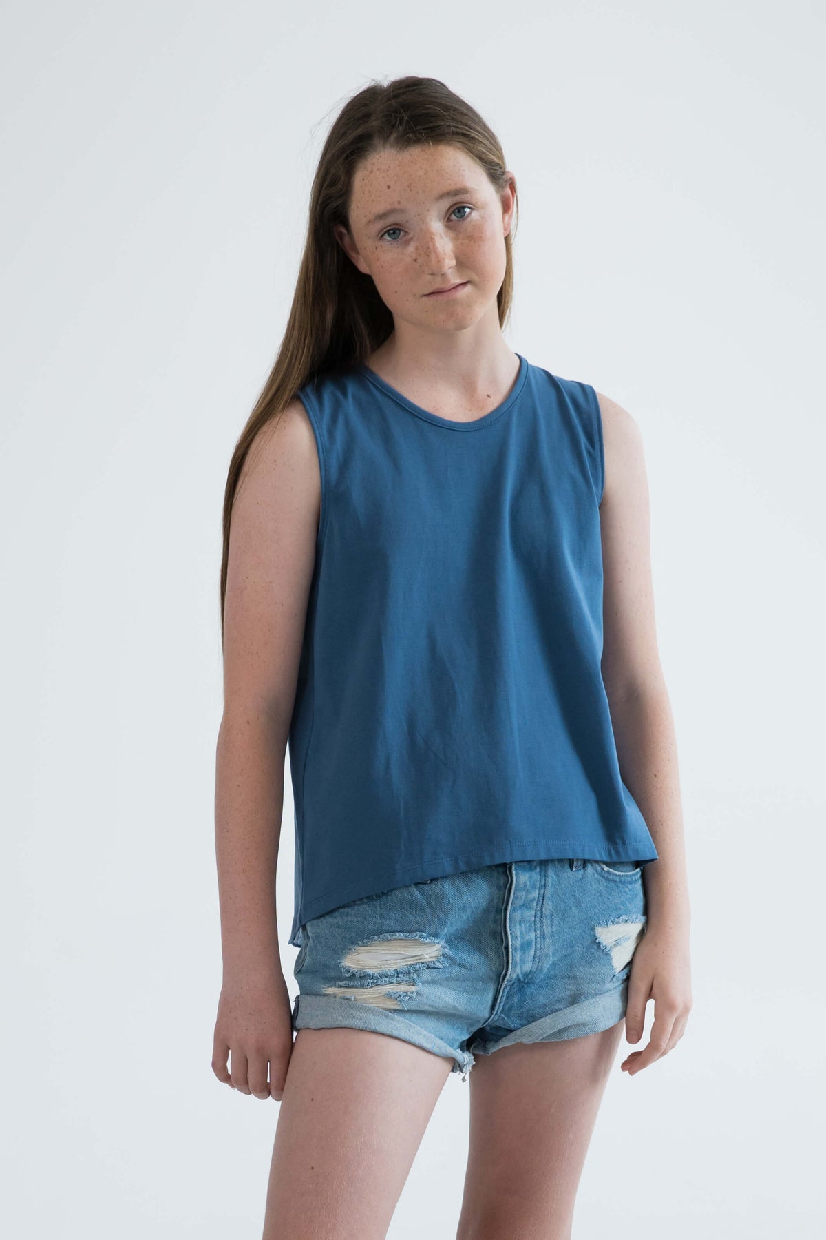 blue teen girls clothing sleeveless singlet top jungle summer print by Love Haidee Australia front