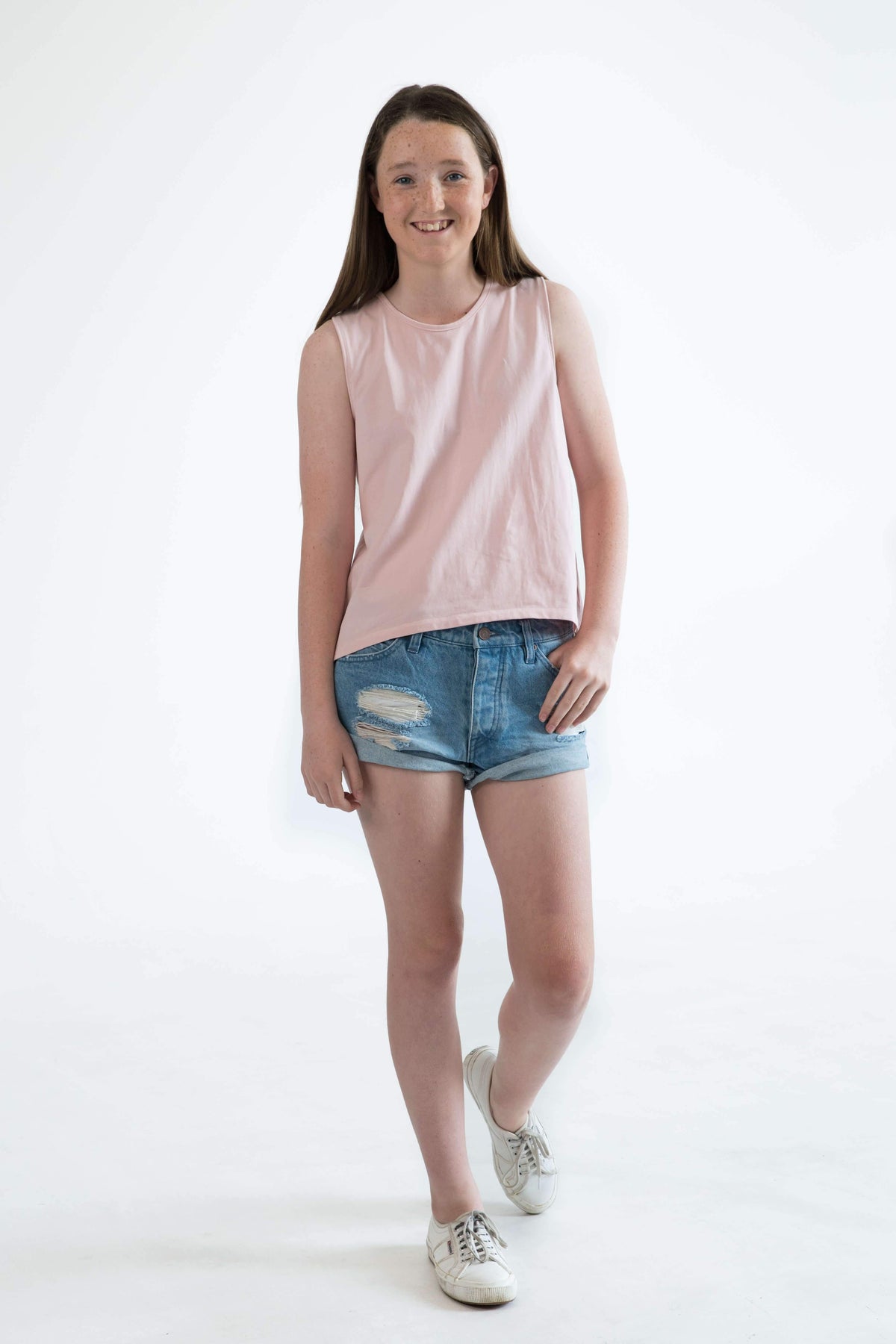 pink teen girls clothing sleeveless singlet top palm tree print by Love Haidee Australia front