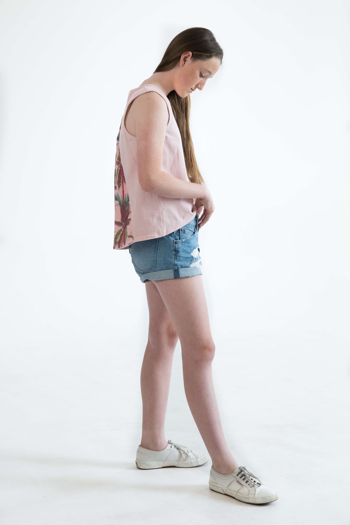 pink teen girls clothing sleeveless singlet top palm tree print by Love Haidee Australia side view
