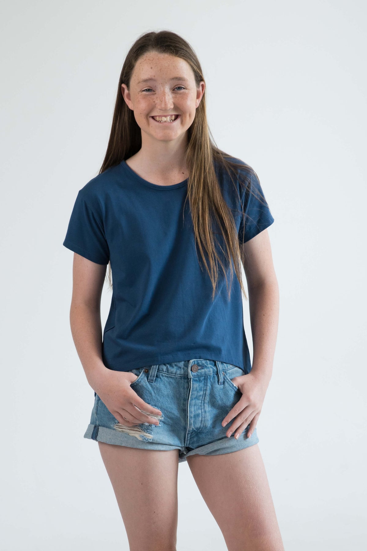blue teen girls clothing short sleeve t-shirt top banana leaf palm print by Love Haidee Australia front close up