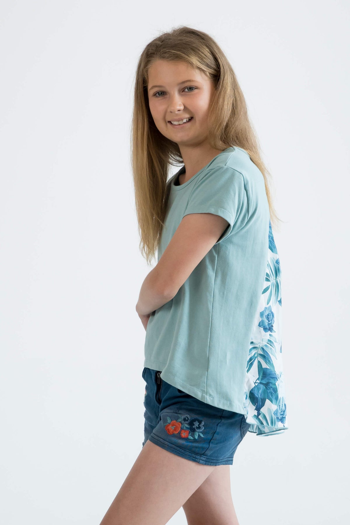 mint green teen girls clothing short sleeve t-shirt top floral print by Love Haidee Australia side view