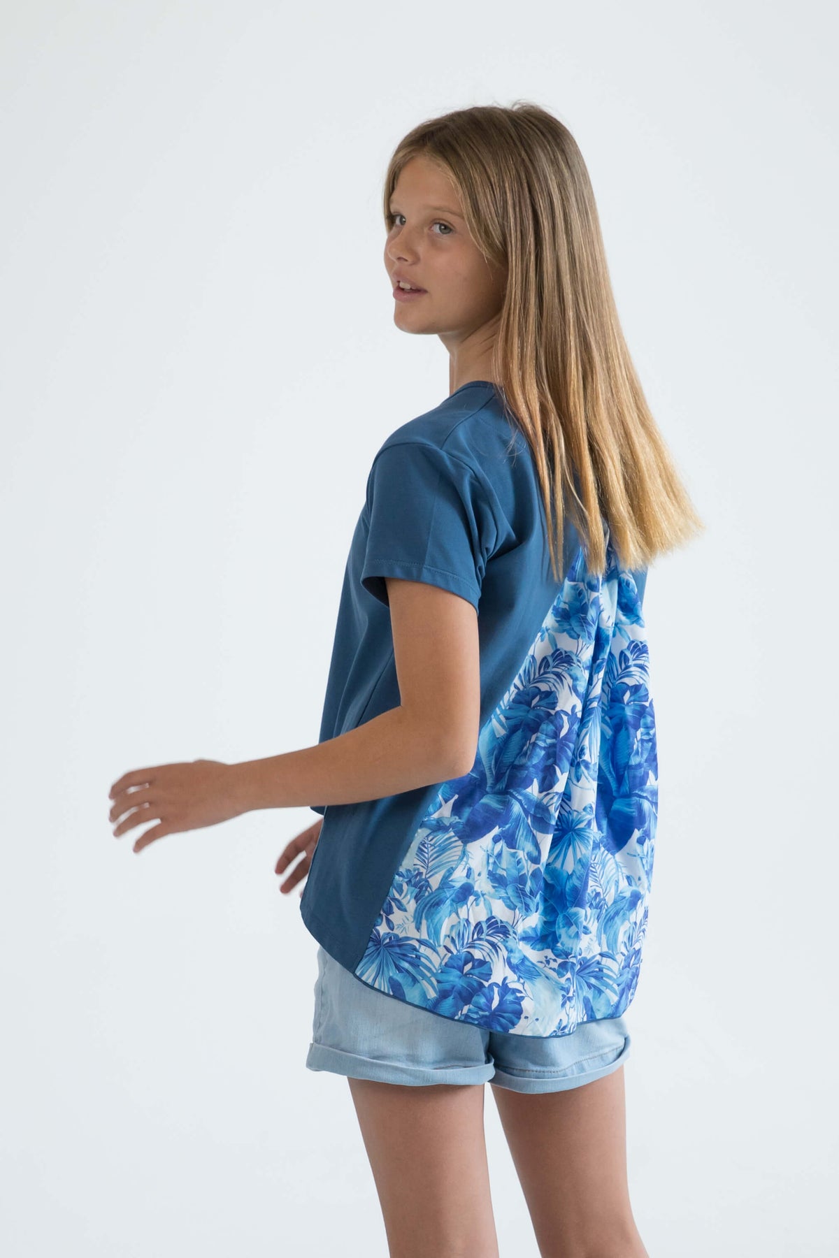 blue teen girls clothing short sleeve cropped t-shirt top floral print by Love Haidee Australia back