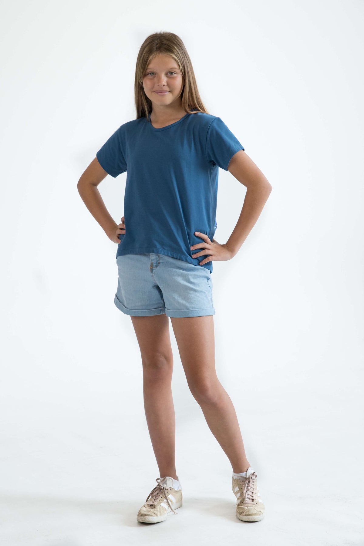 blue teen girls clothing short sleeve cropped t-shirt top tropical floral print by Love Haidee Australia front