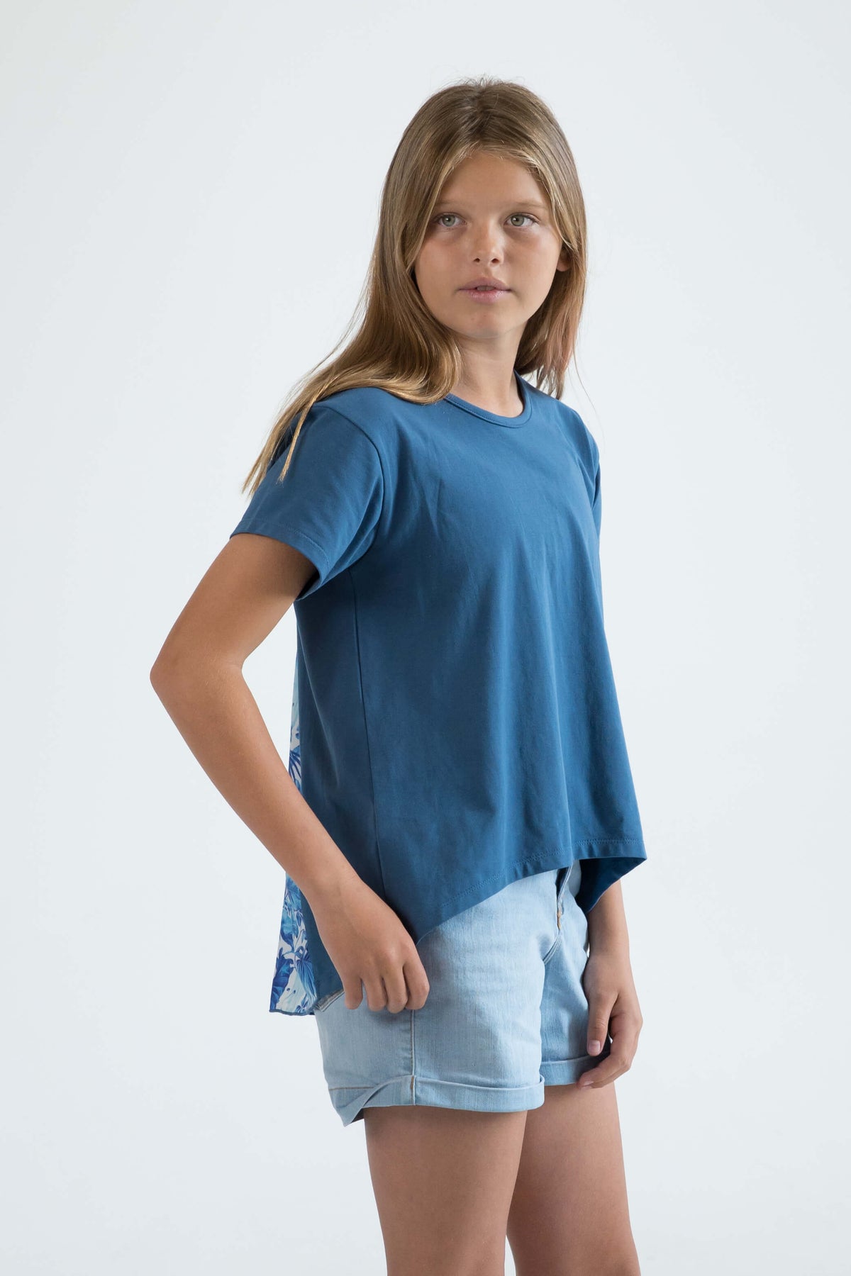 blue teen girls clothing short sleeve cropped t-shirt top tropical floral print by Love Haidee Australia side view