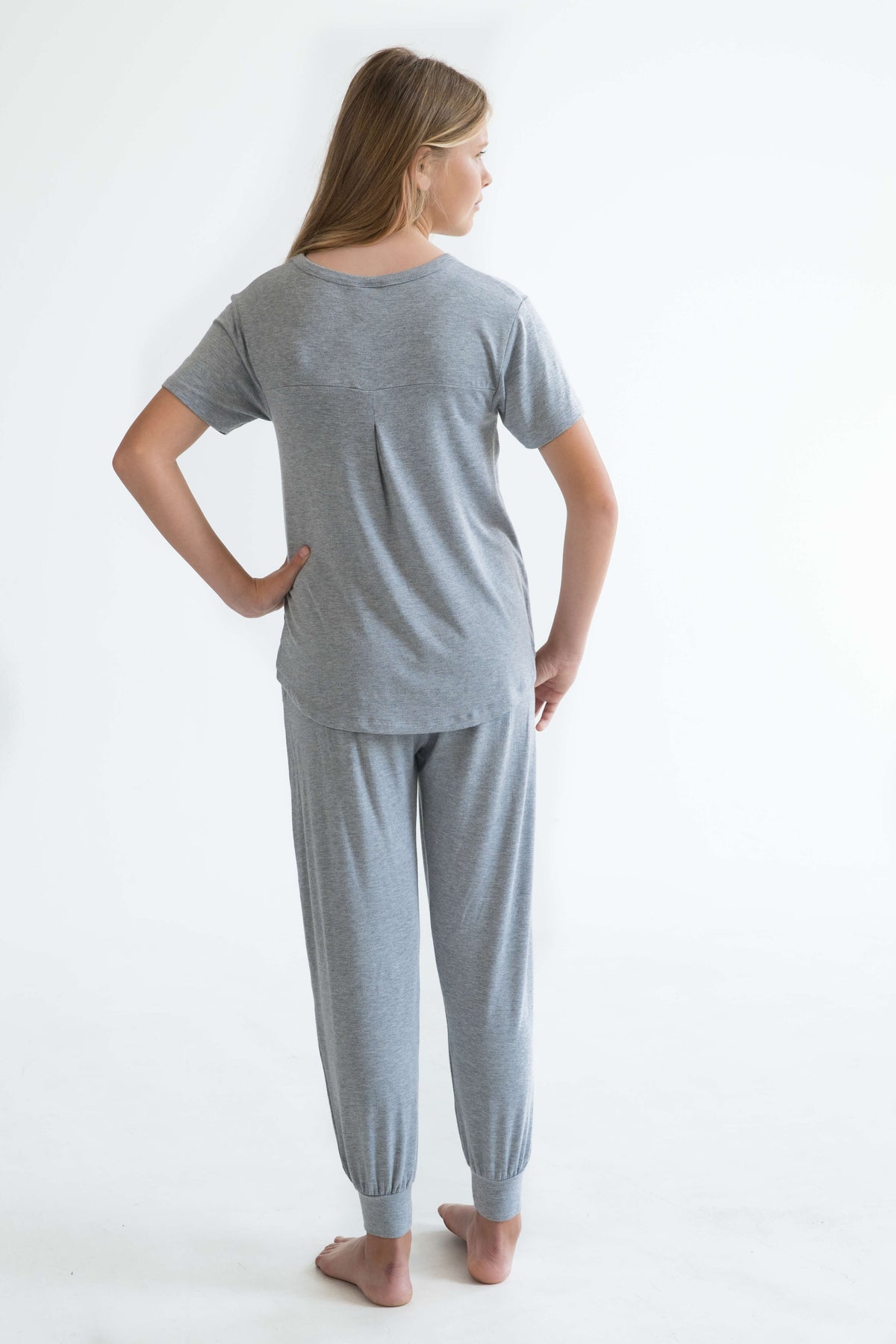 grey teen girls pyjamas set long pants and short sleeve top by Love Haidee Australia back