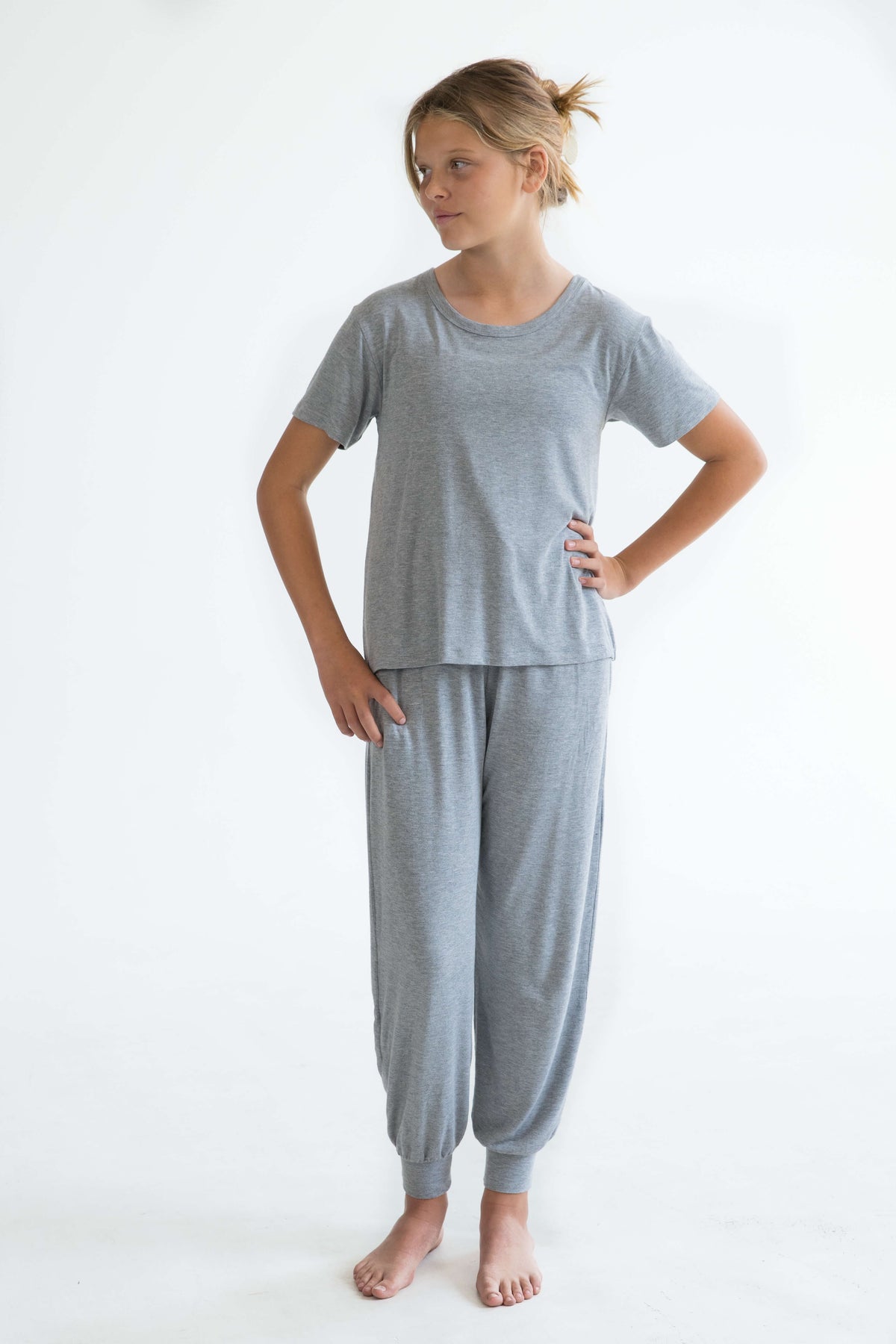 grey teen girls bamboo pyjamas long pants elastic waist, pockets and drawstring by Love Haidee Australia front view Chloe