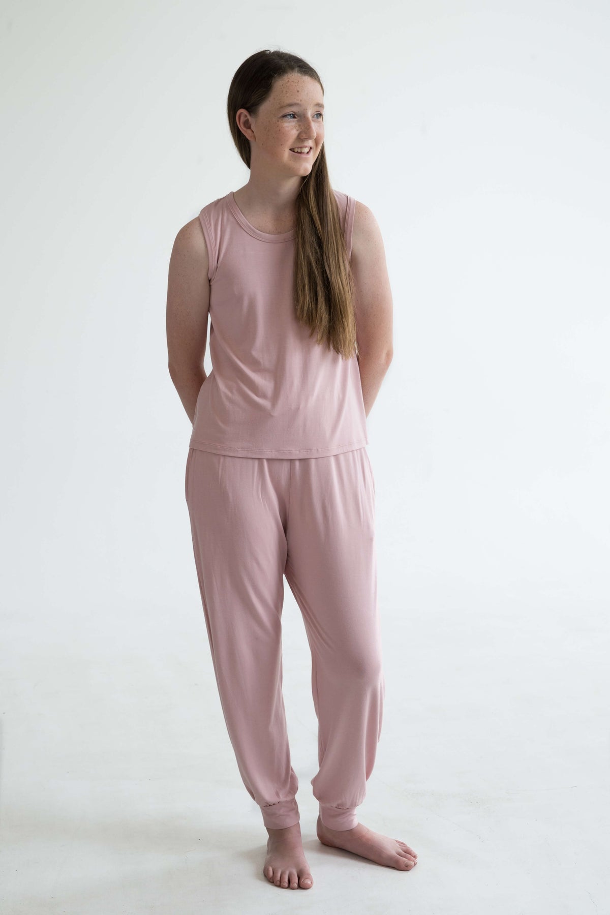 pink teen girls bamboo pyjamas long pants elastic waist, pockets and drawstring by Love Haidee Australia front