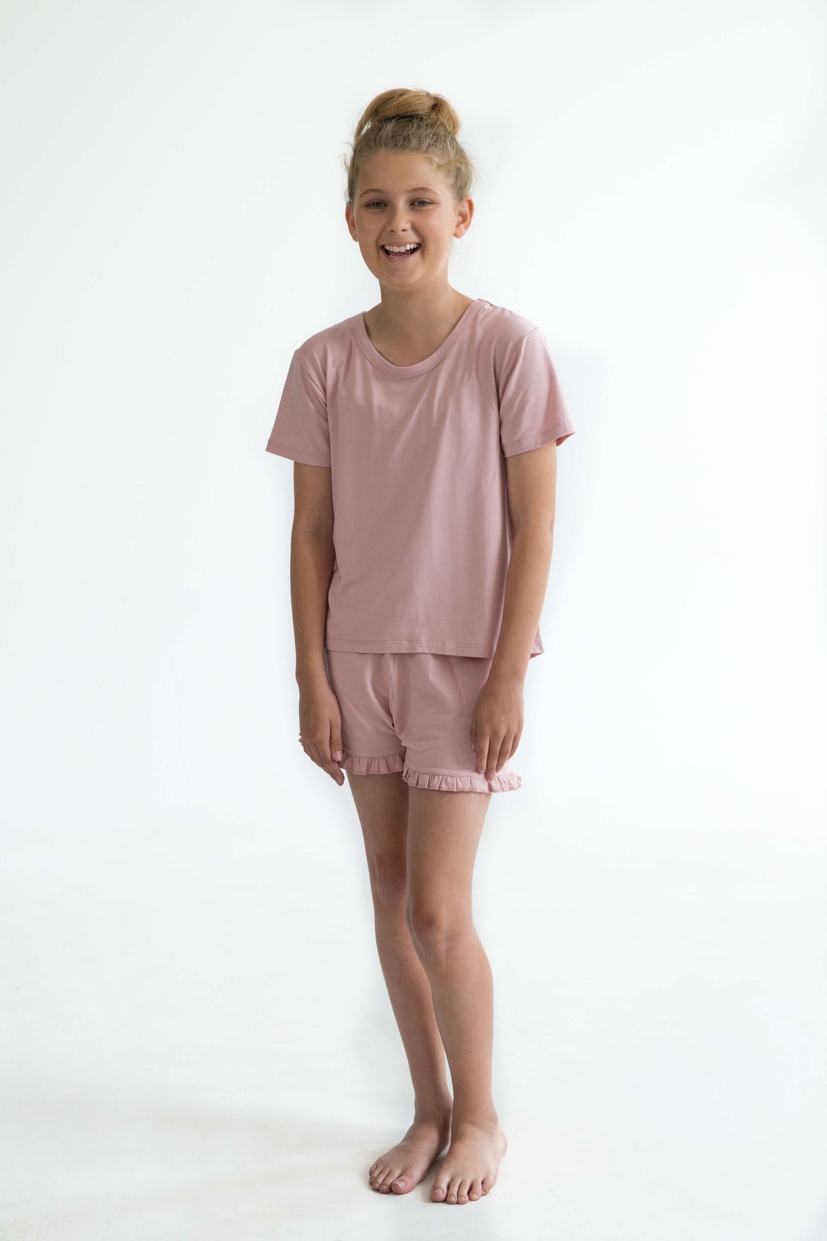 pink teen girls bamboo summer pyjamas set shorts and short sleeve top by Love Haidee Australia front