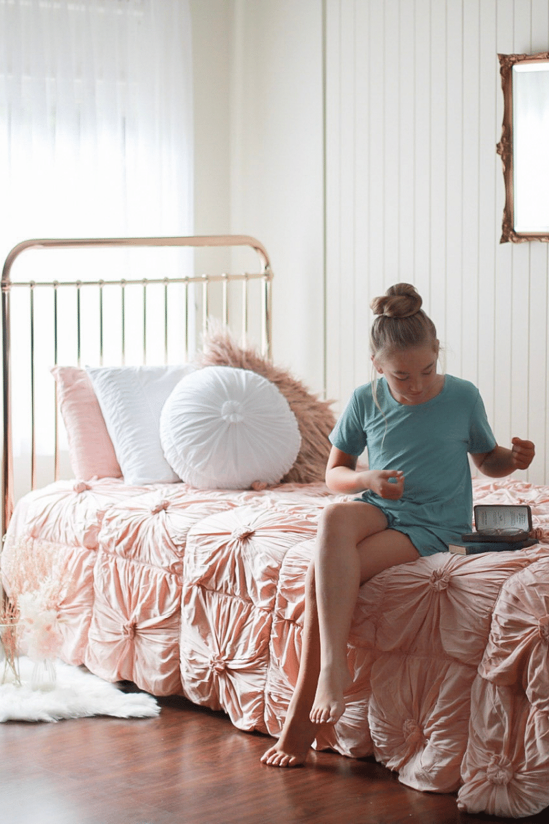 mint teen girls summer pyjamas set shorts with pockets and frill and short sleeve top by Love Haidee Australia bedroom