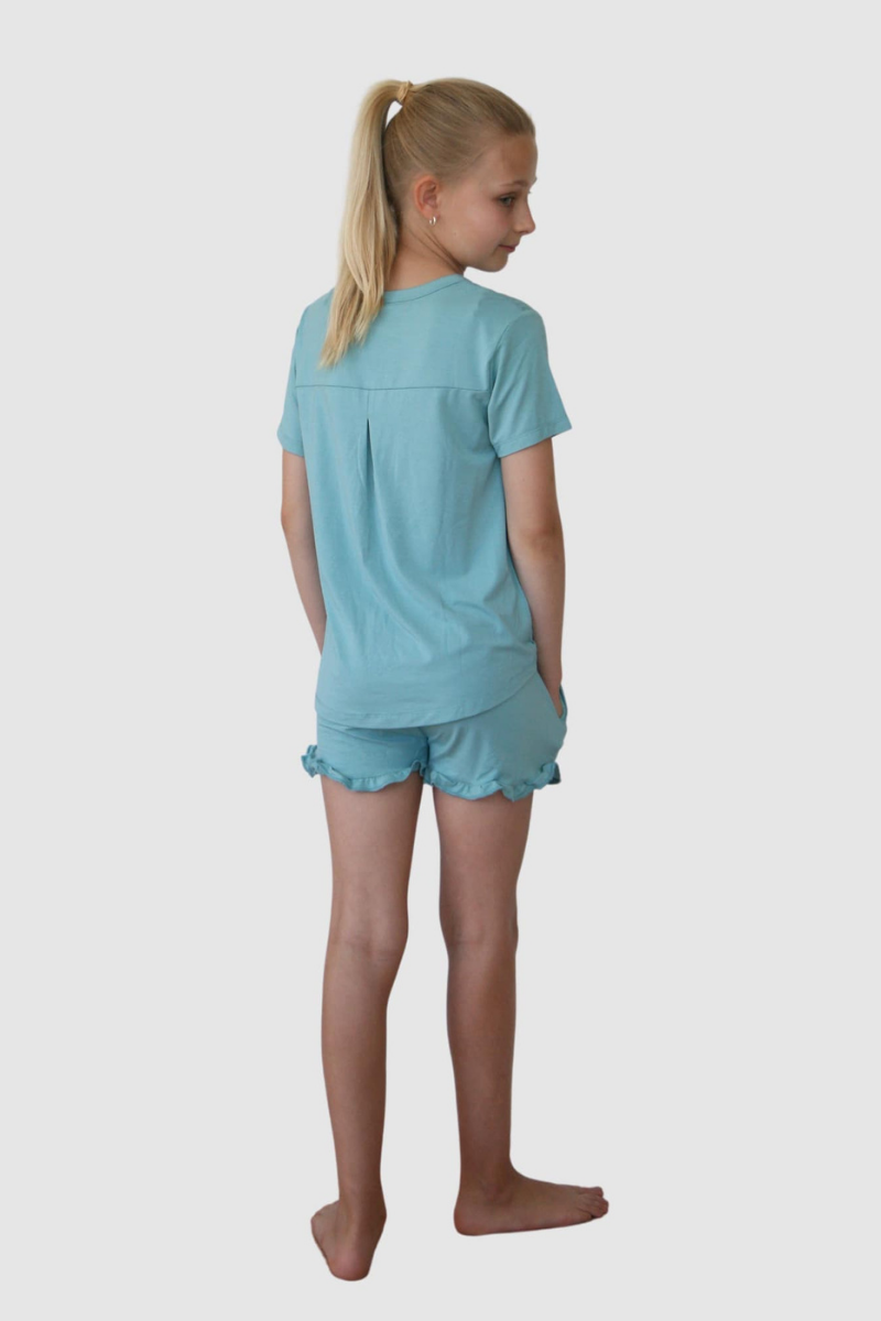 mint teen girls summer pyjamas set shorts with pockets and frill and short sleeve top by Love Haidee Australia back