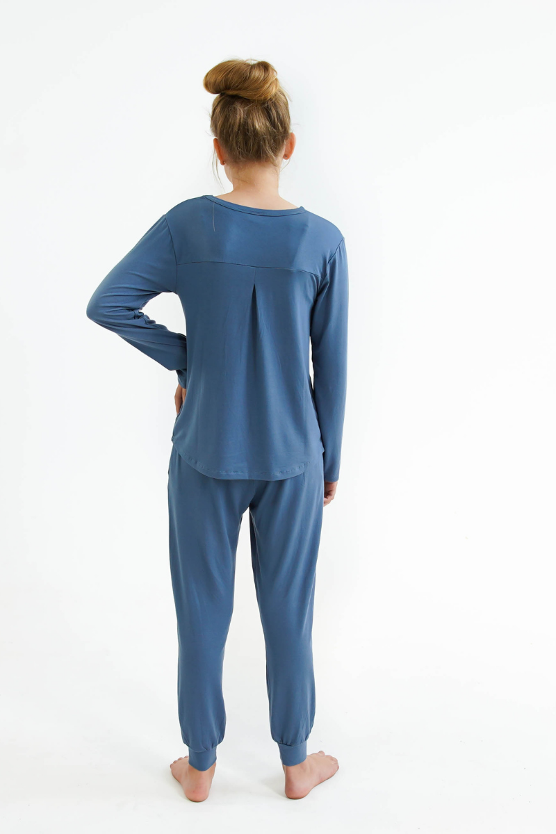 blue girls winter pyjamas by Love Haidee Australia long pants and long sleeve top back