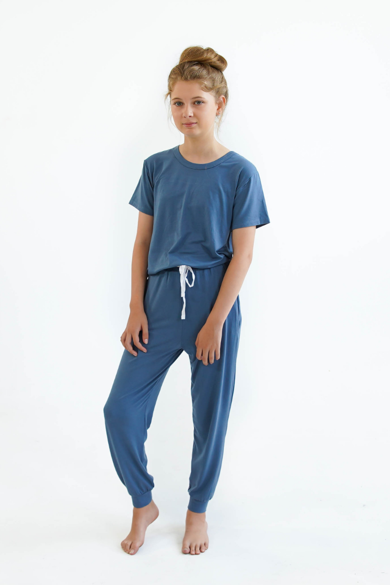 blue girls teen pyjamas set long pants short sleeve top by Love Haidee Australia front 