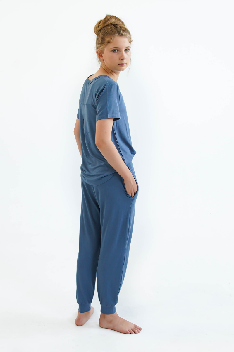 blue girls teen pyjamas set long pants short sleeve top by Love Haidee Australia side view