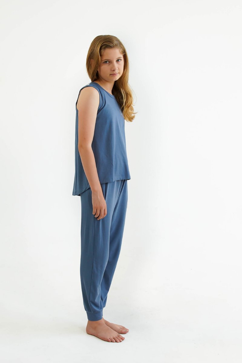 blue teen girls pyjamas set long pants and singlet by Love Haidee Australia side