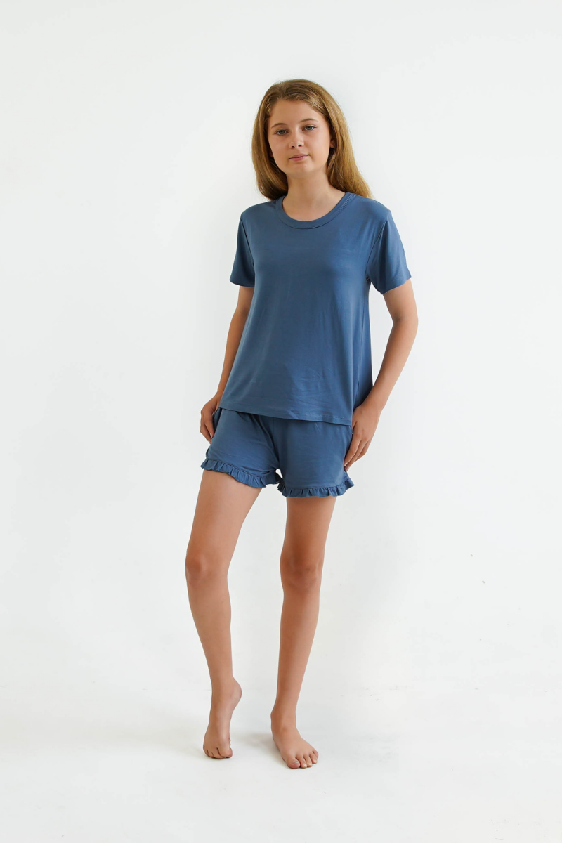 blue teen girls summer pyjamas set shorts and short sleeve top by Love Haidee Australia front