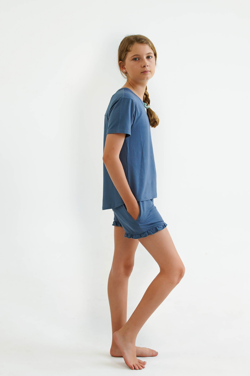 blue teen girls summer pyjamas set shorts and short sleeve top by Love Haidee Australia side