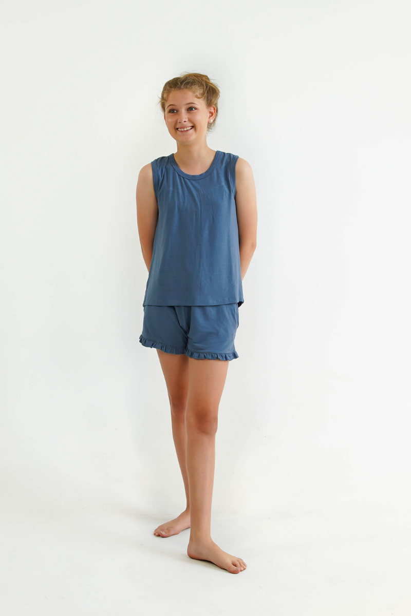 blue teen girls summer pyjamas set shorts and lace singlet by Love Haidee Australia front view Siena