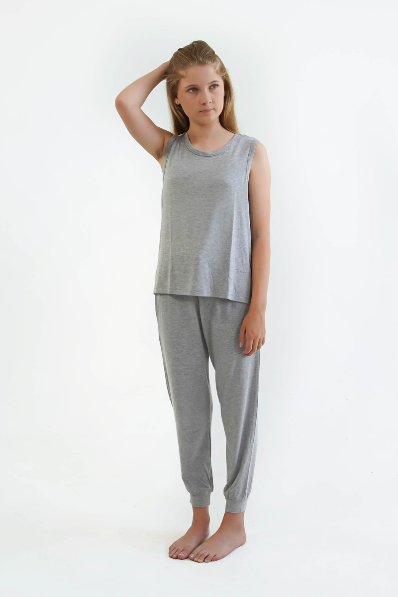 grey teen girls pyjamas set long pants and singlet by Love Haidee front view Siena