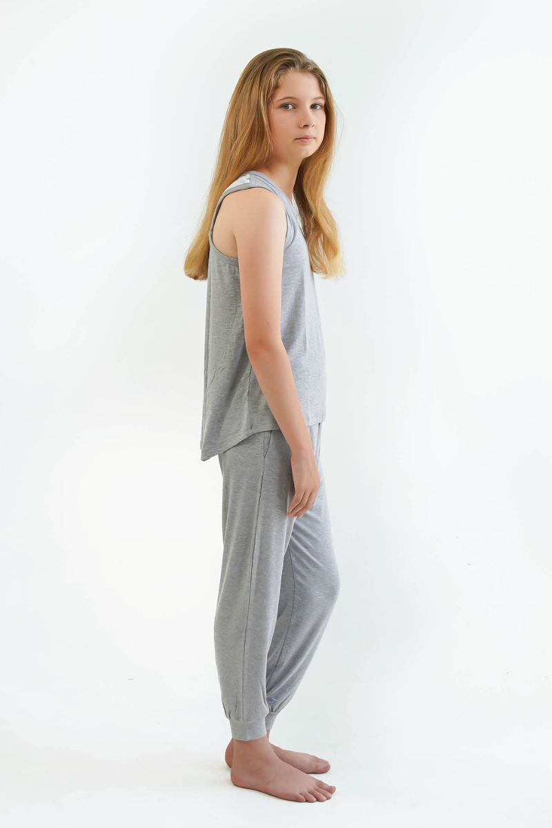 grey teen girls pyjamas set long pants and singlet by Love Haidee side