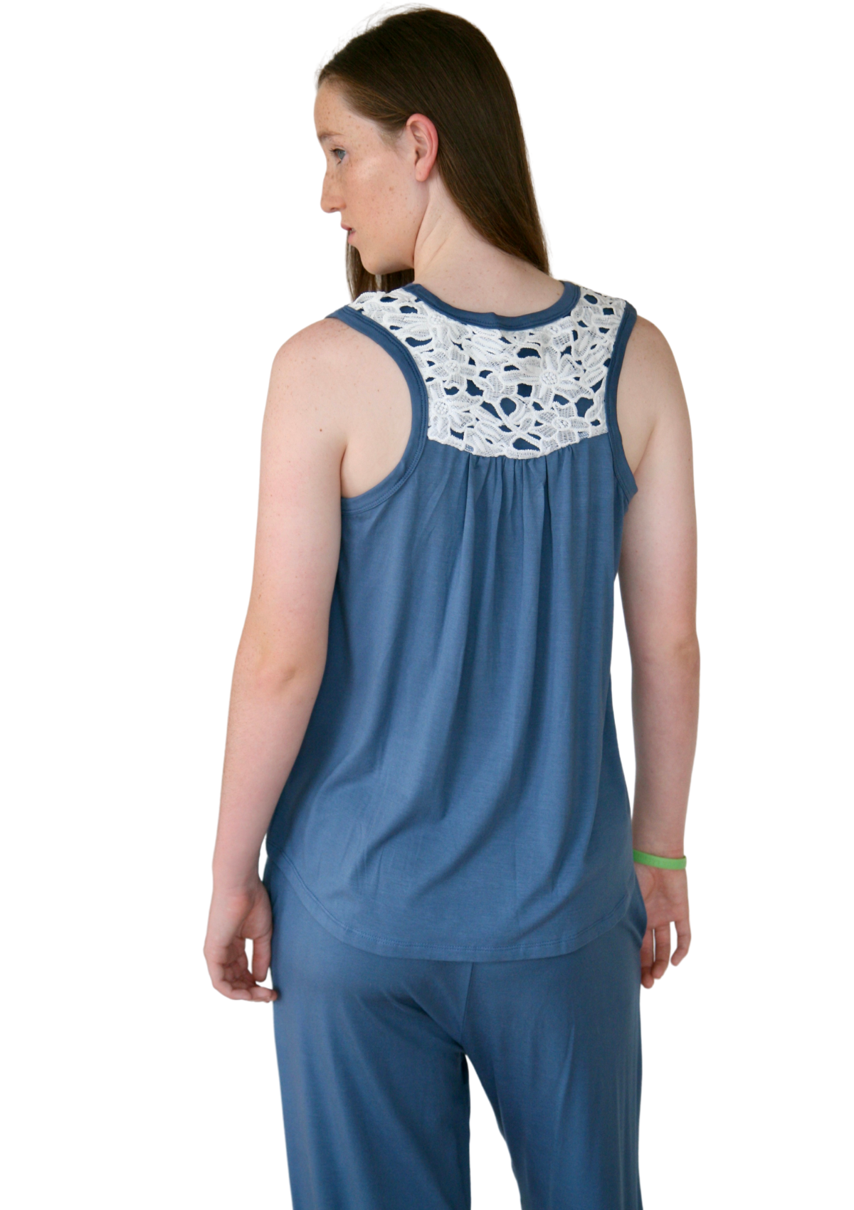 blue teen girls pyjamas set long pants and singlet by Love Haidee Australia back close up lace singlet
