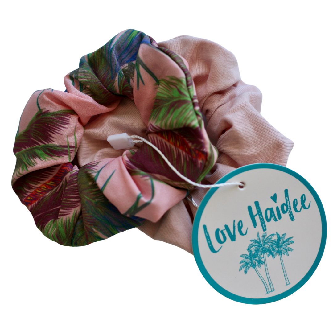 teen girls hair accessories scrunchie set by Love Haidee Australia pink palms set pink