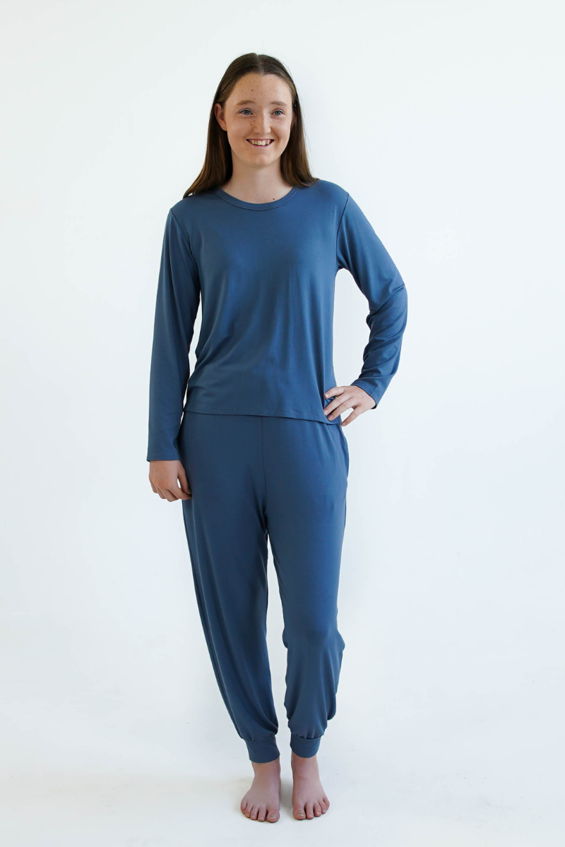 blue girls winter pyjamas set by Love Haidee Australia long pants and long sleeve top front