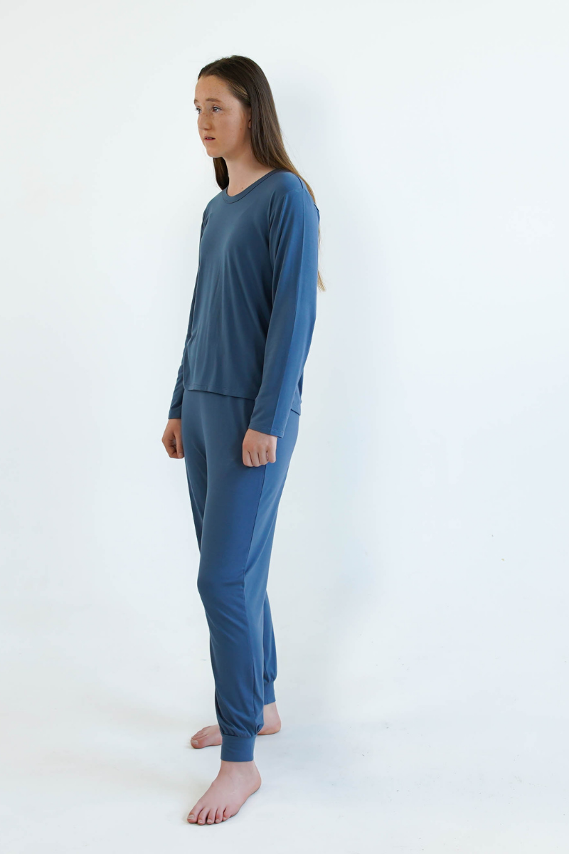 blue girls winter pyjamas set by Love Haidee Australia long pants and long sleeve top side
