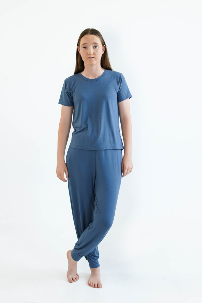 blue teen girls pyjamas long pants short sleeve top by Love Haidee Australia front view