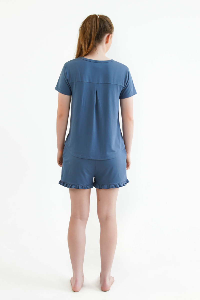 blue teen girls summer pyjamas set shorts and short sleeve top by Love Haidee Australia back view Ella