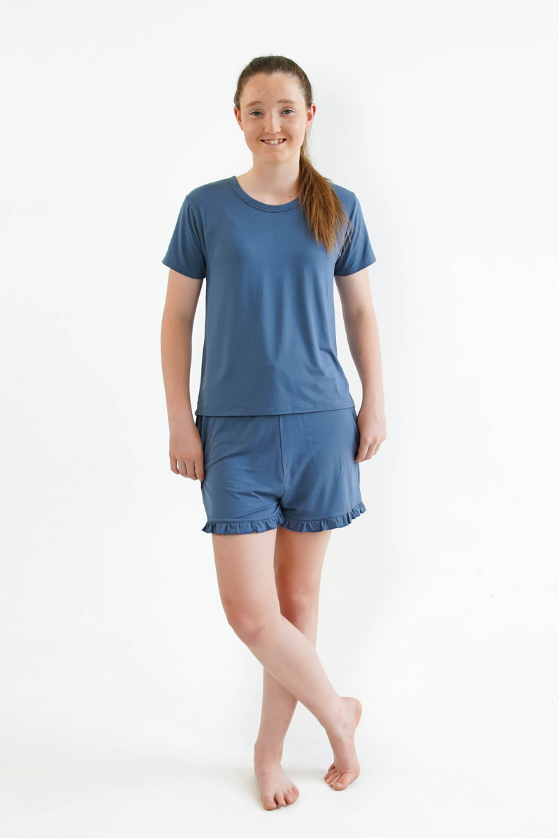 blue teen girls summer pyjamas set shorts and short sleeve top by Love Haidee Australia front view Ella