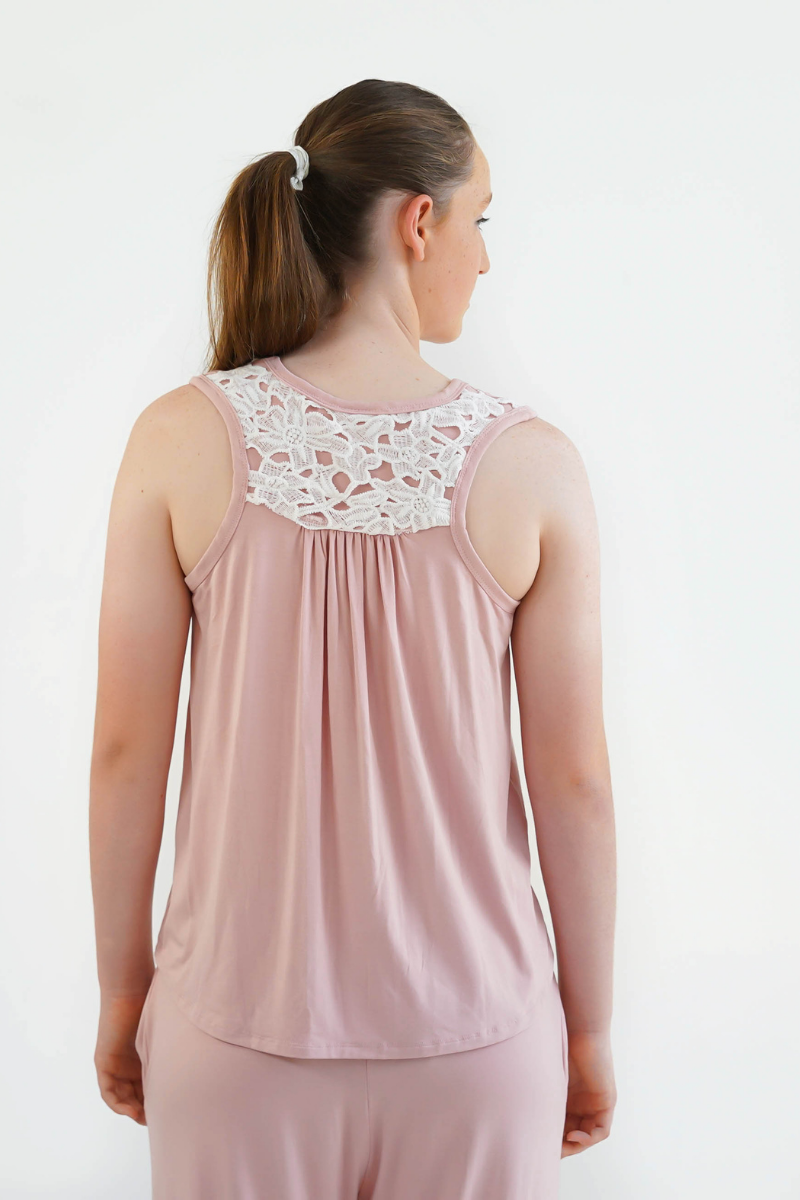 pink teen girls summer bamboo pyjama singlet by Love Haidee Australia back view close up lace Ella