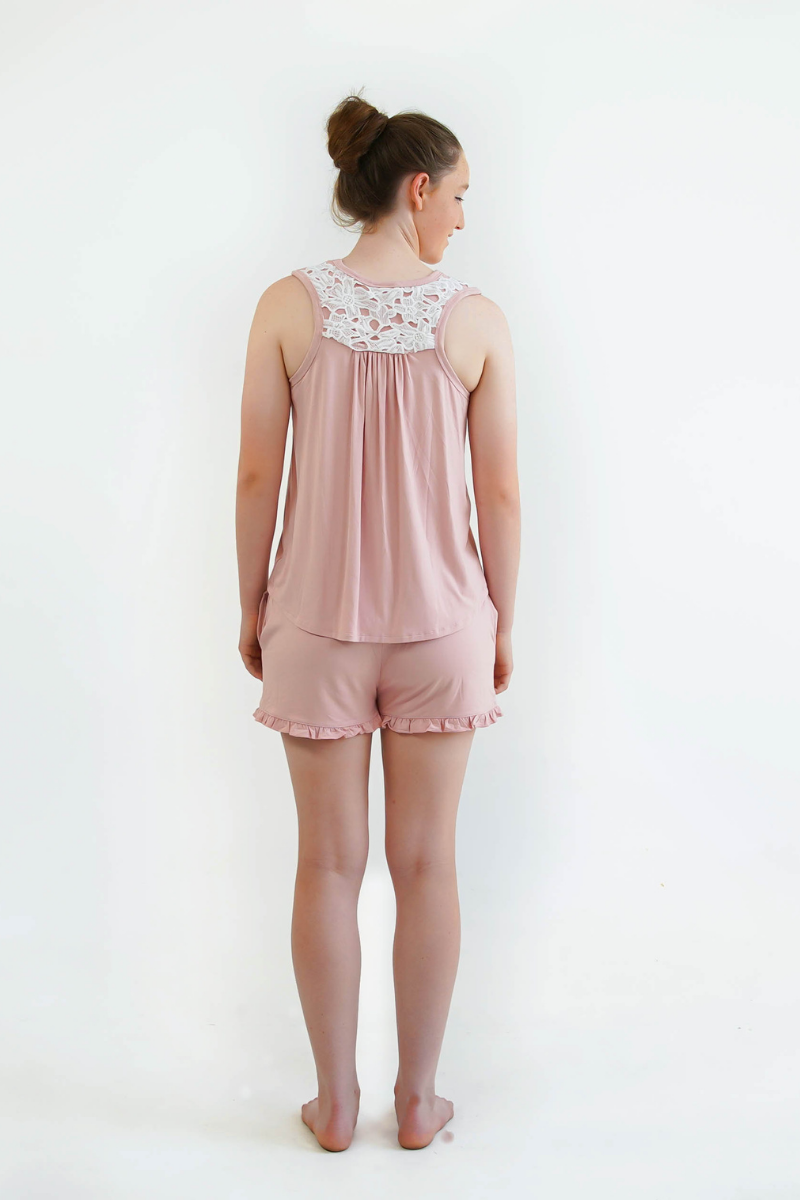 pink teen girls summer pyjamas set shorts and singlet by Love Haidee Australia back view Ella 