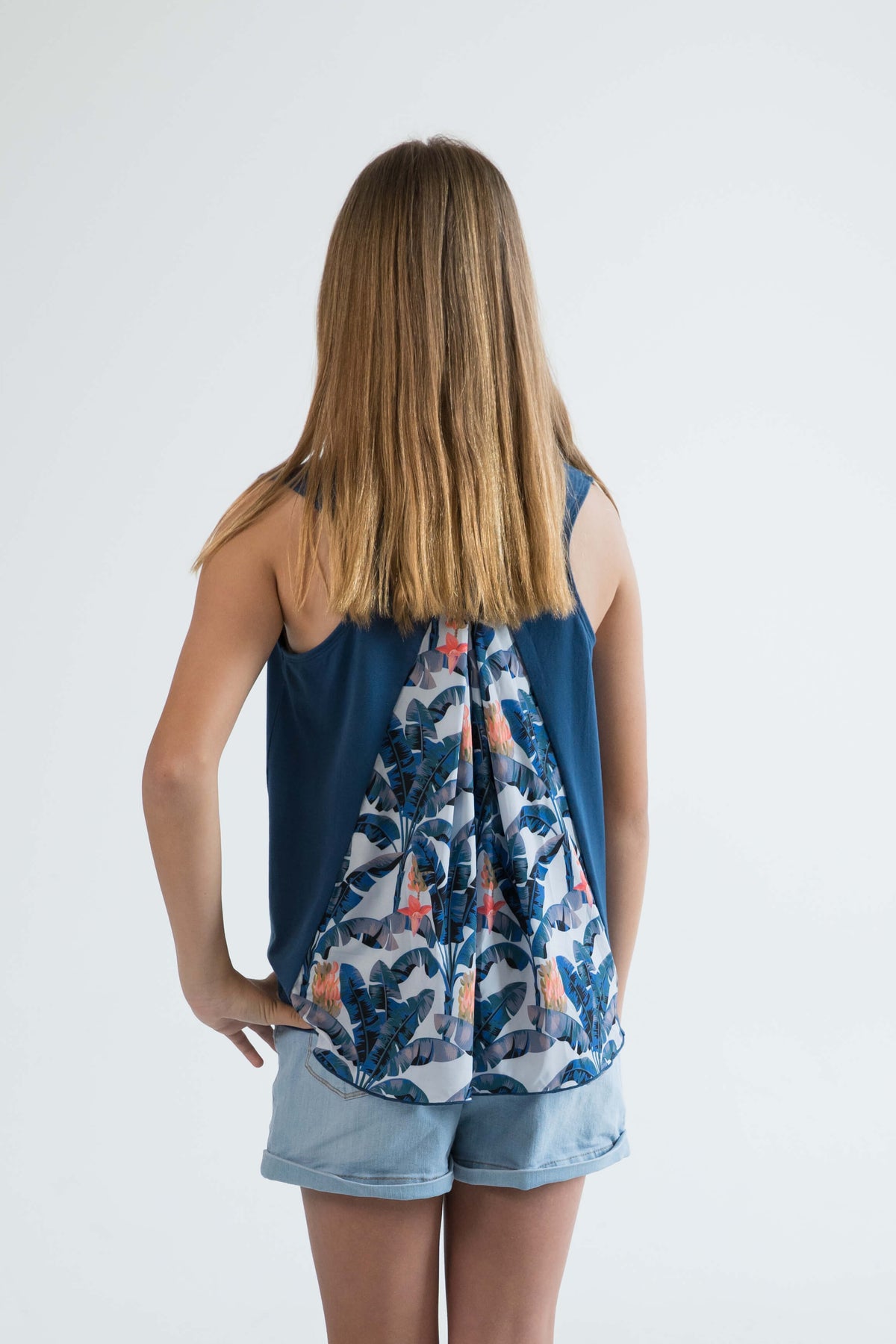 blue teen girls clothing sleeveless singlet top palm tree print by Love Haidee Australia back