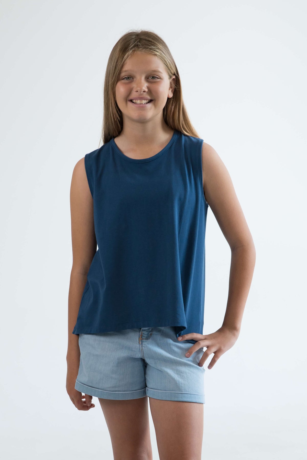 blue teen girls clothing sleeveless singlet top palm tree print by Love Haidee Australia front