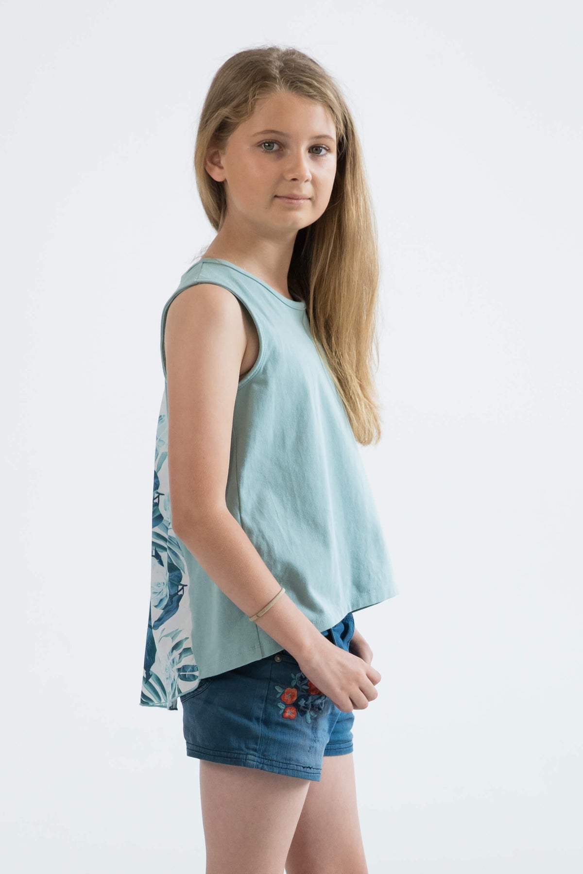 mint green teen girls clothing sleeveless singlet top floral print by Love Haidee Australia side view