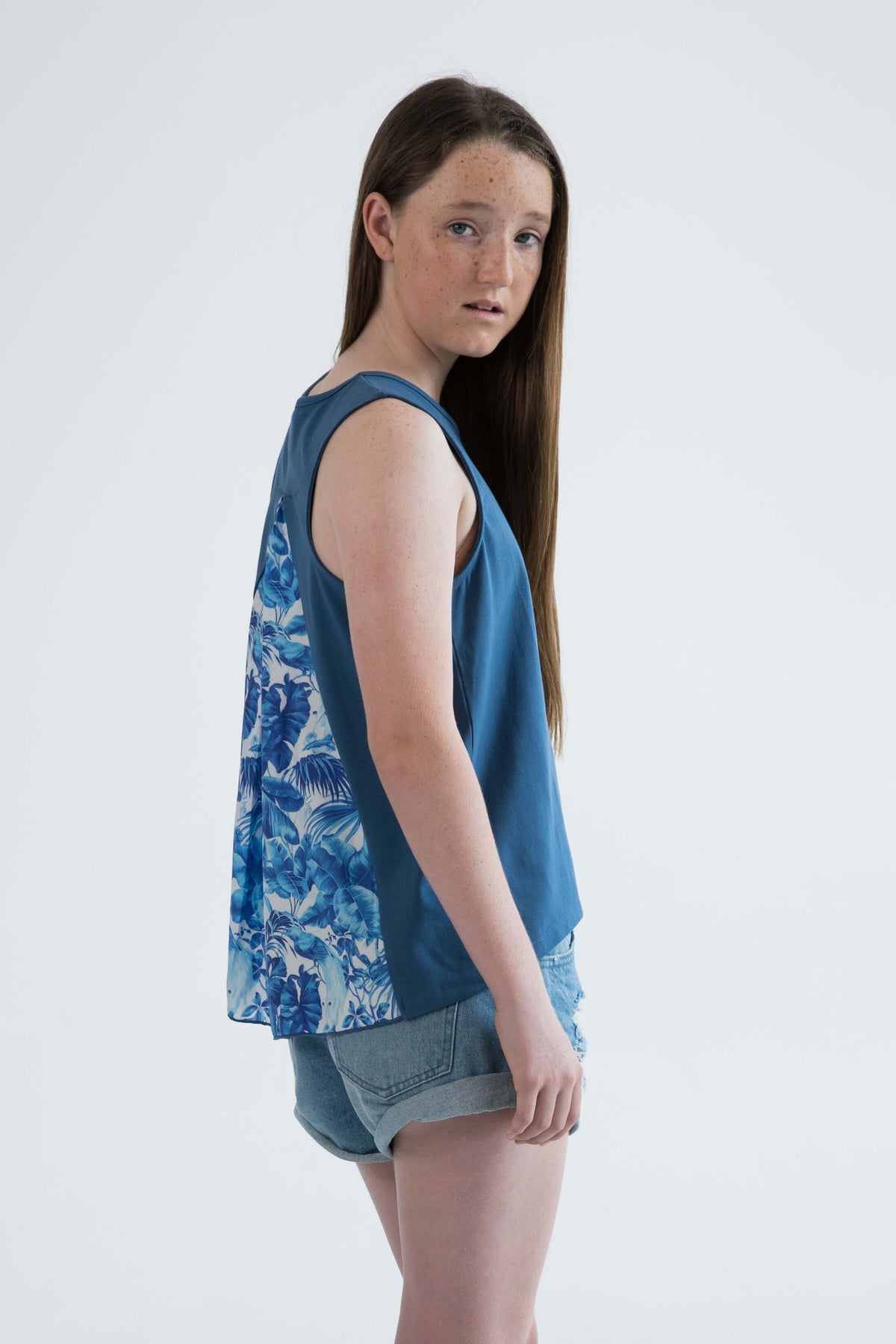 blue teen girls clothing sleeveless singlet top jungle summer print by Love Haidee Australia side view