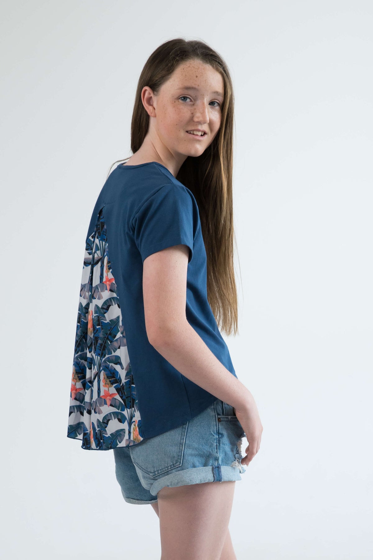 blue teen girls clothing short sleeve t-shirt top banana leaf palm print by Love Haidee Australia side view
