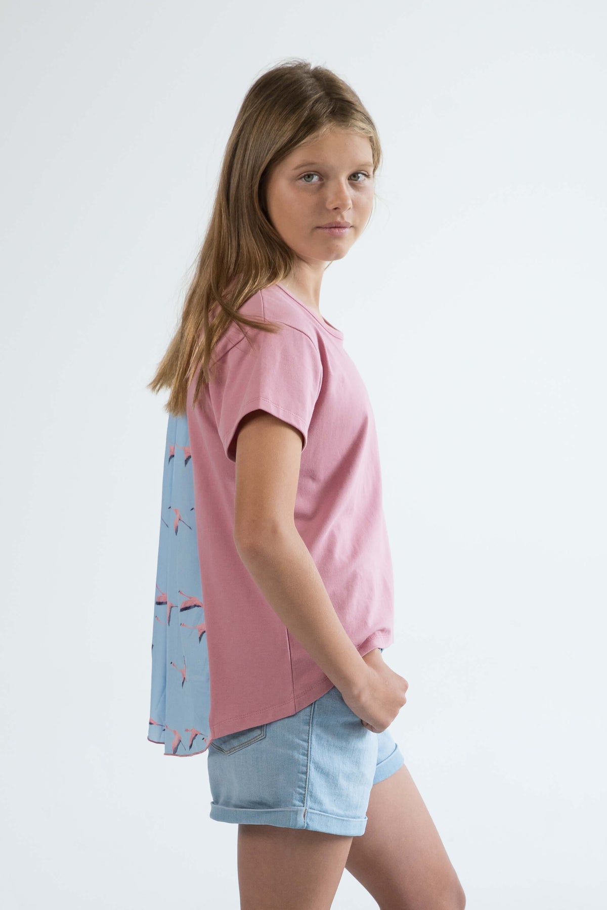 pink teen girls clothing short sleeve t-shirt top flamingo print by Love Haidee Australia Chloe side view